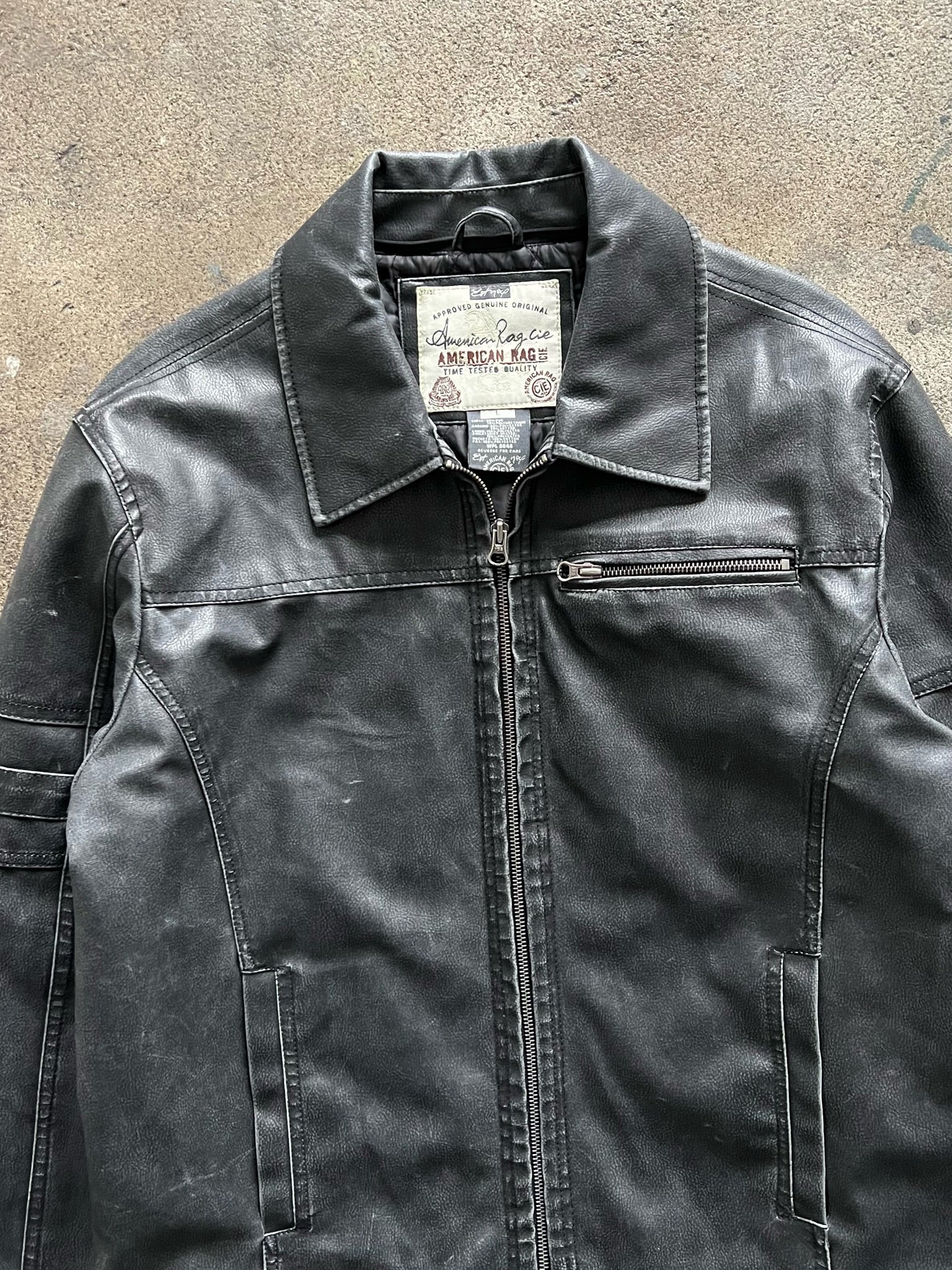 2000s American Rag Faded Black Leather Jacket Ametora