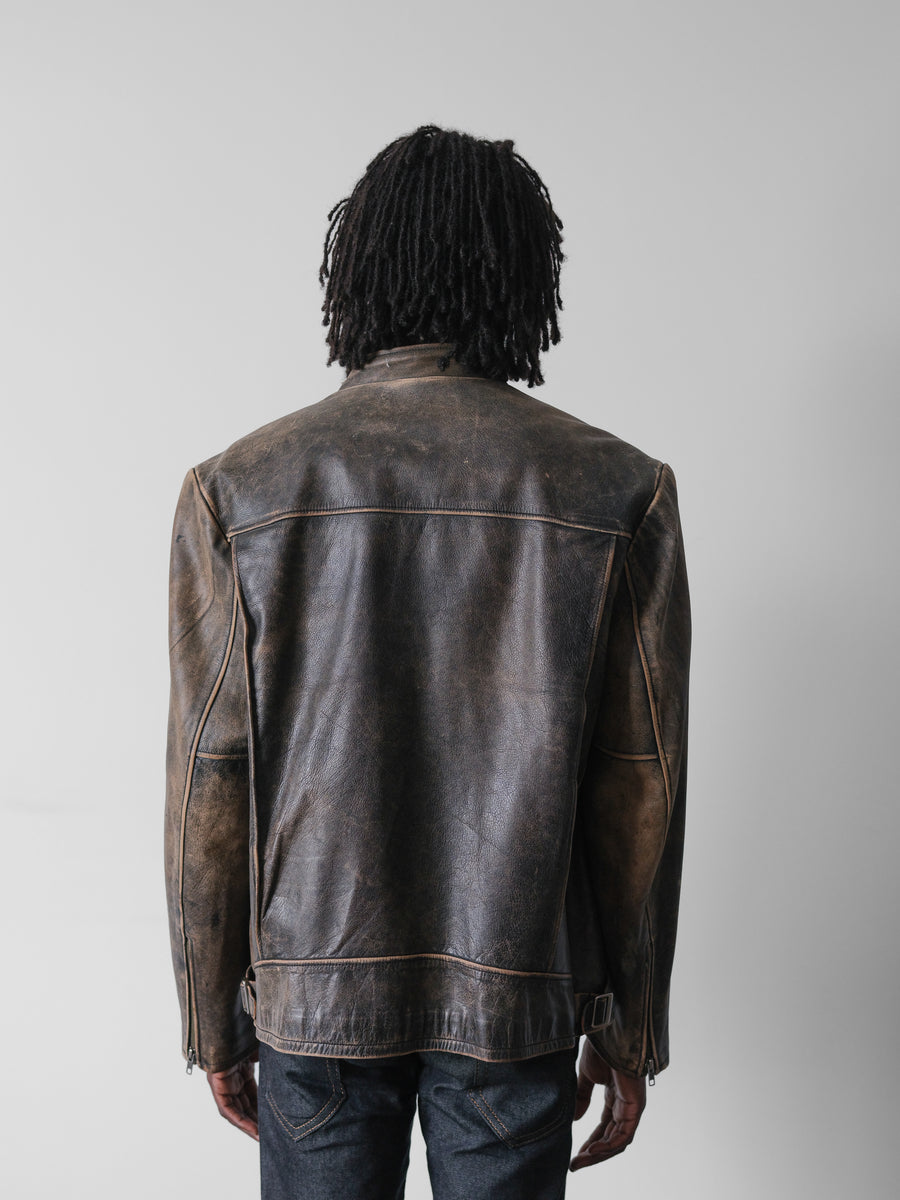 2000s American Eagle Faded Brown Cafe Racer Leather Jacket