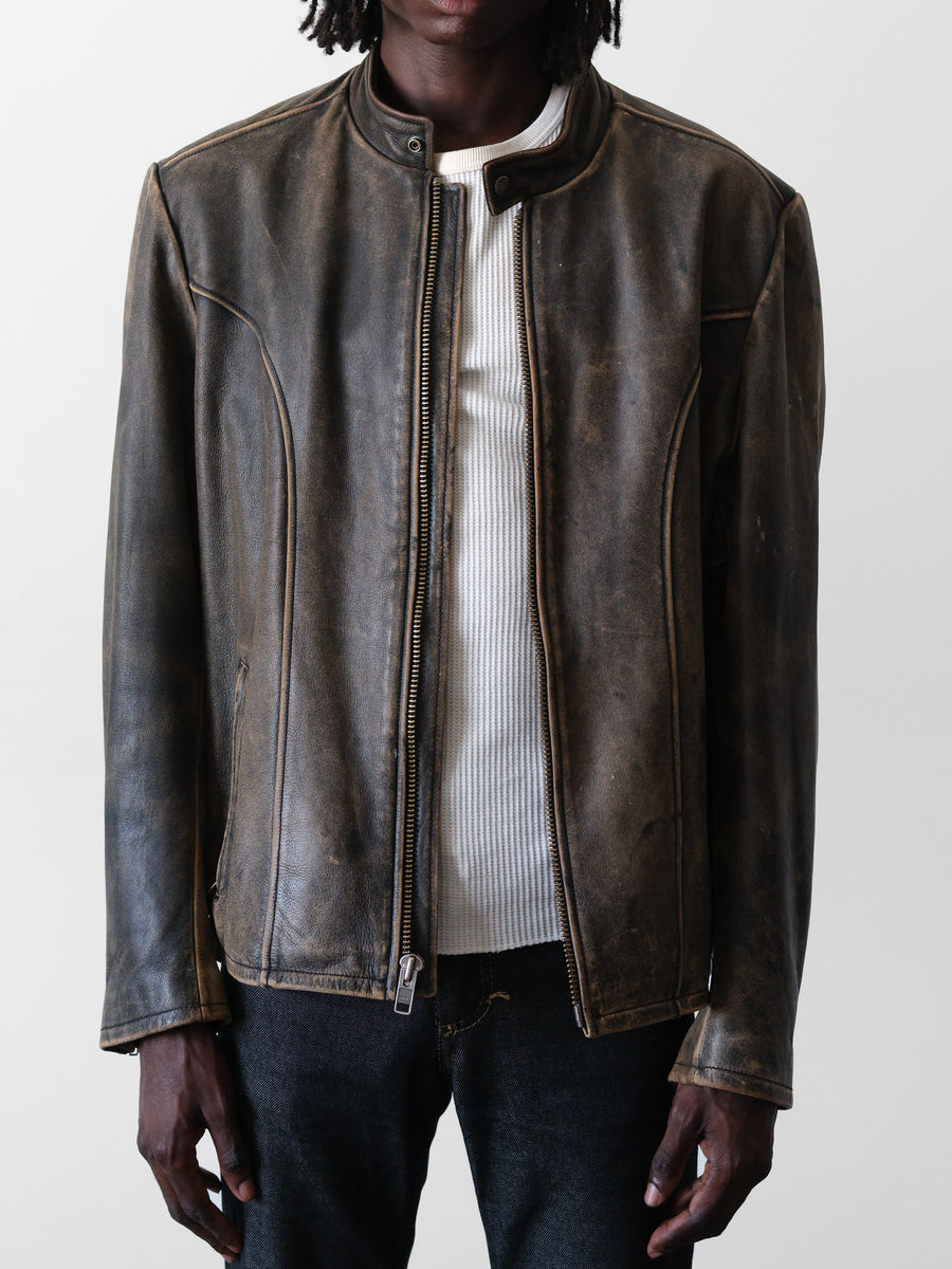 2000s American Eagle Faded Brown Cafe Racer Leather Jacket