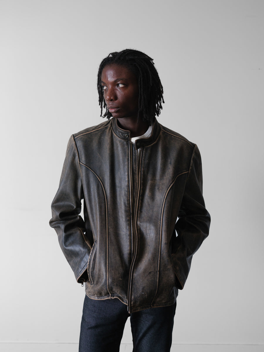 2000s American Eagle Faded Brown Cafe Racer Leather Jacket