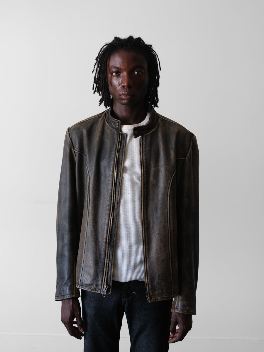 2000s American Eagle Faded Brown Cafe Racer Leather Jacket