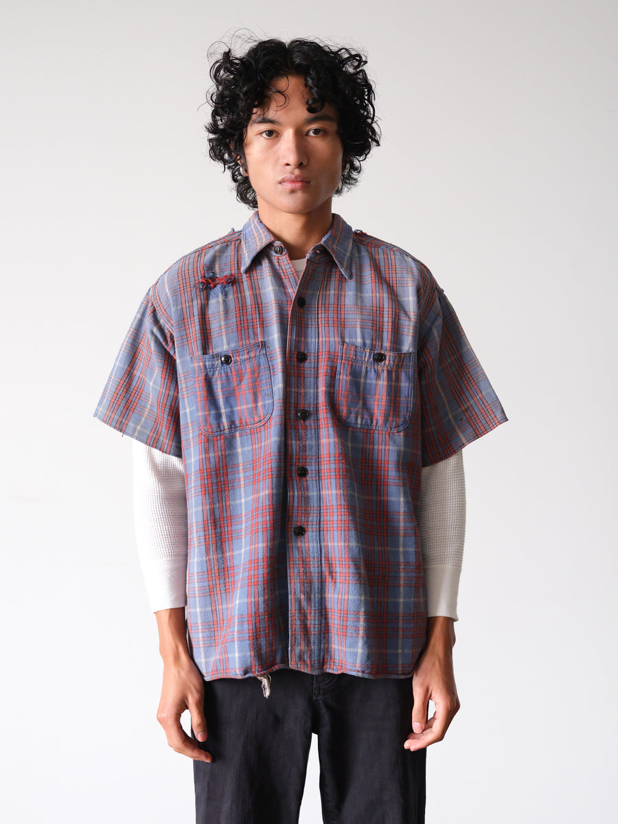 1930s-40s 5 Brother Distressed Faded Blue Short Sleeve Flannel