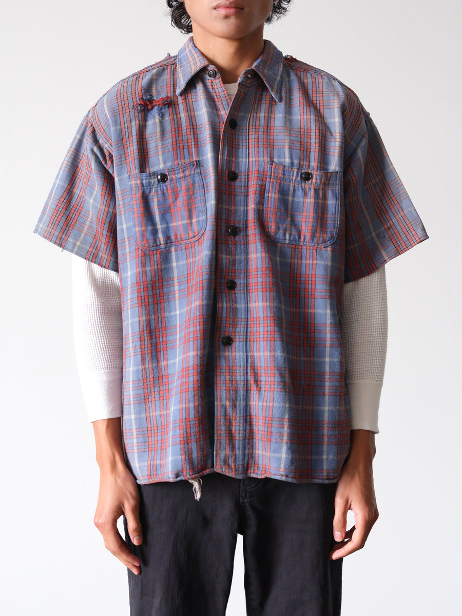 1930s-40s 5 Brother Distressed Faded Blue Short Sleeve Flannel