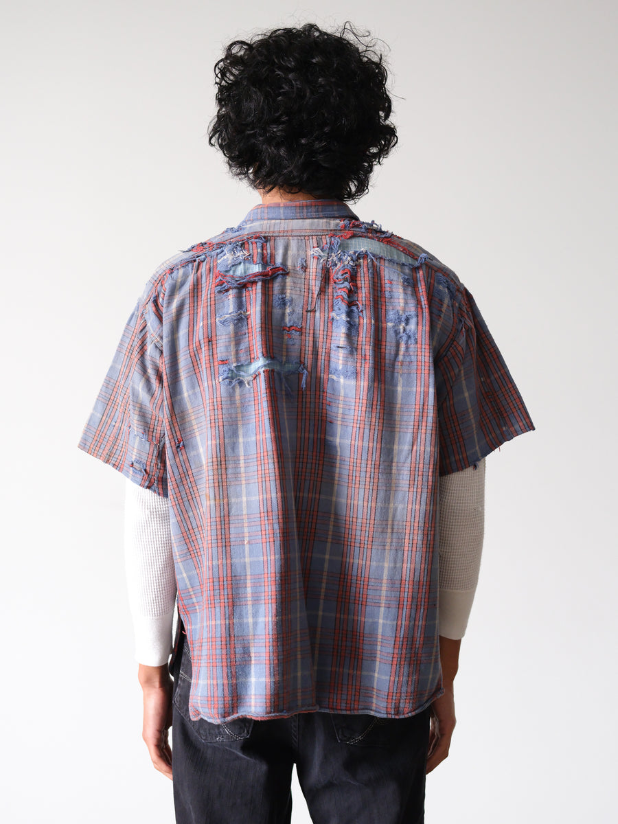 1930s-40s 5 Brother Distressed Faded Blue Short Sleeve Flannel