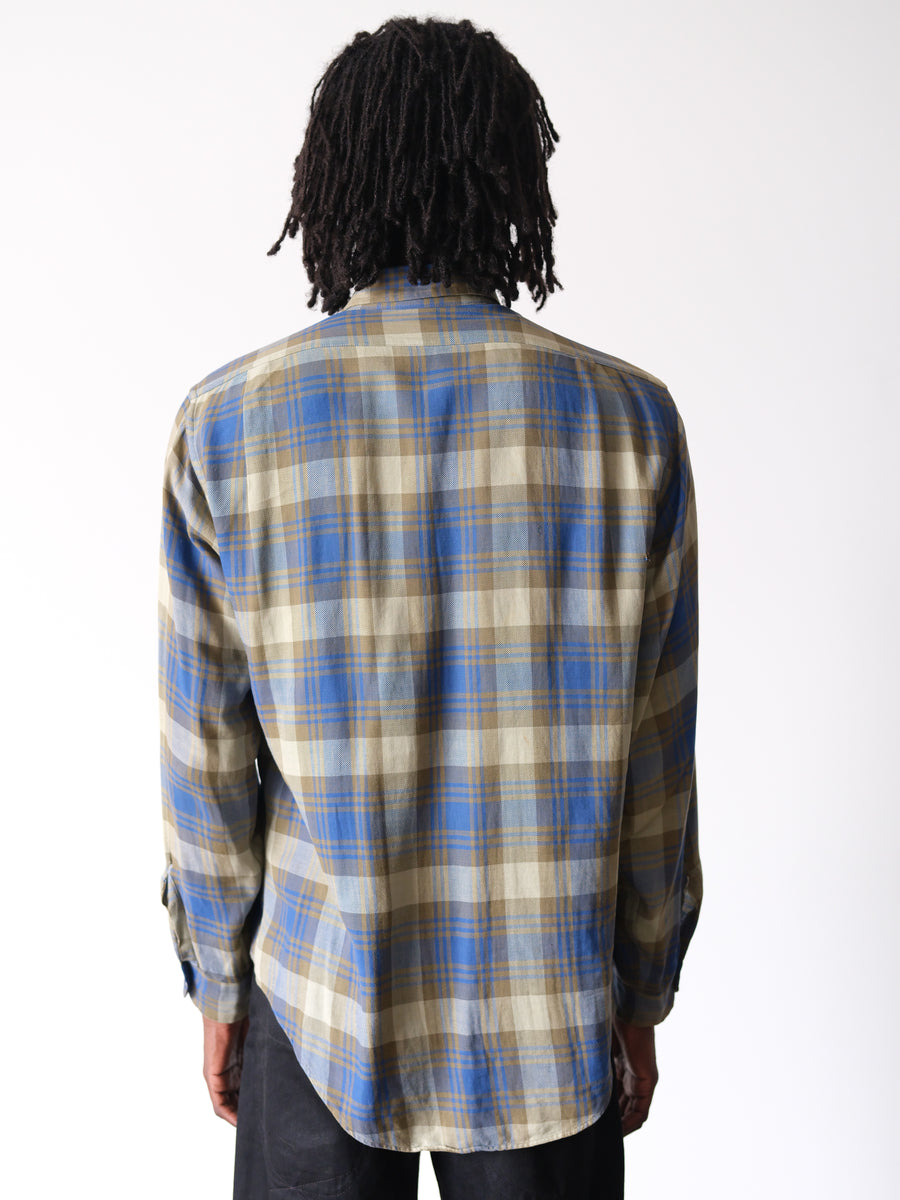 1970s Blue & Olive Shadow Plaid Flannel