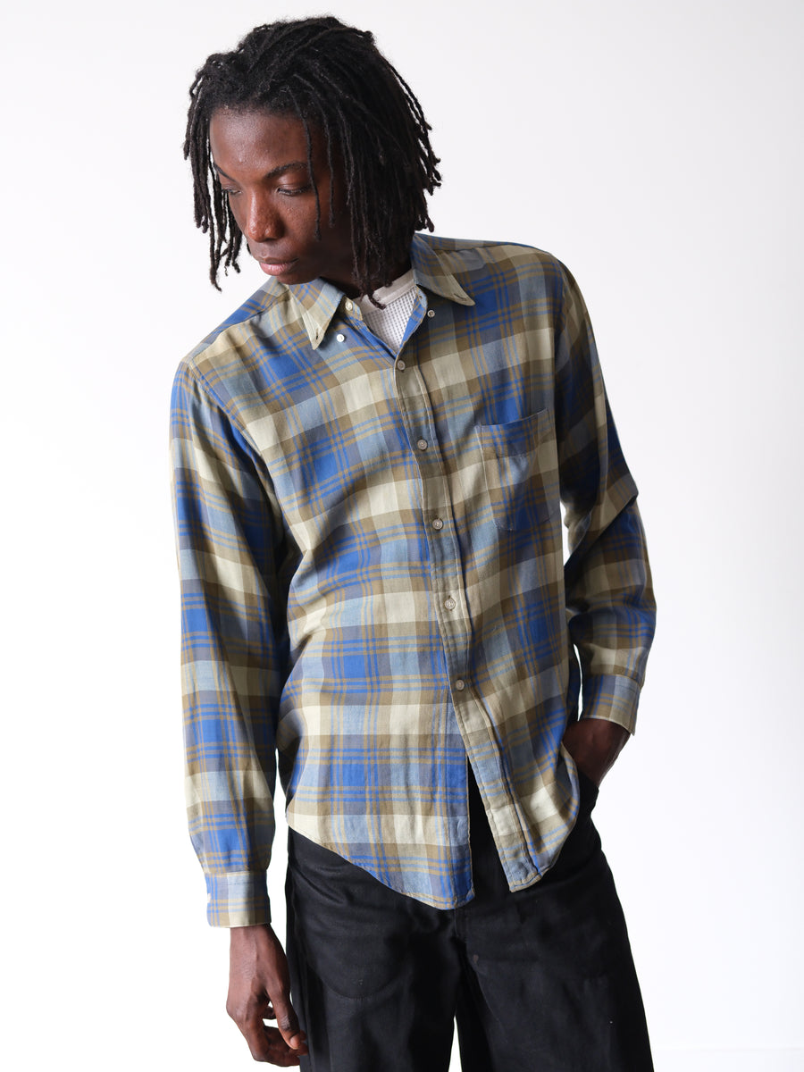1970s Blue & Olive Shadow Plaid Flannel