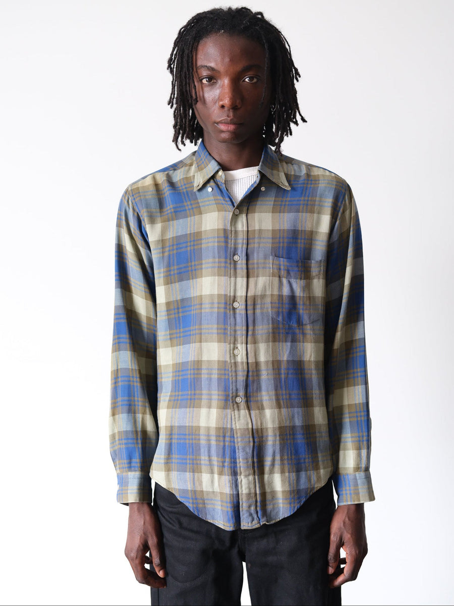 1970s Blue & Olive Shadow Plaid Flannel