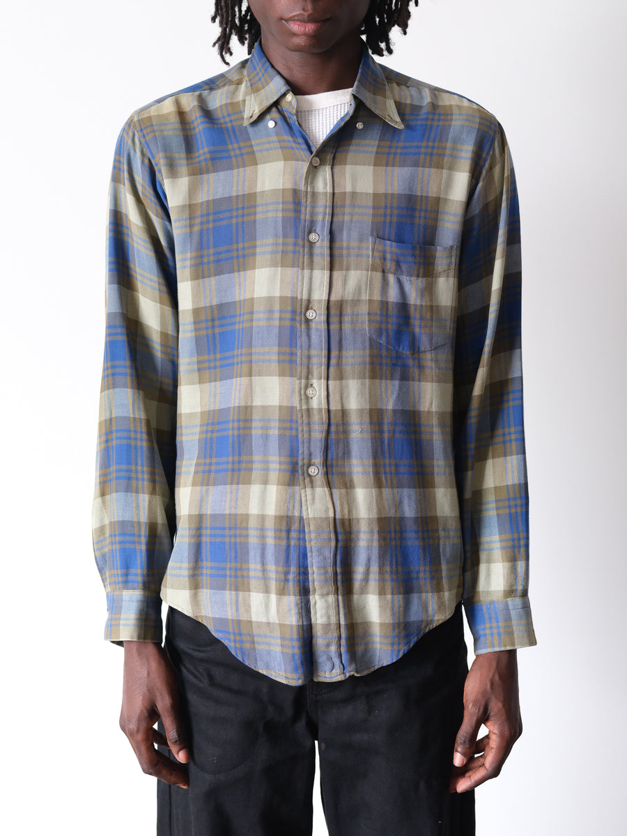 1970s Blue & Olive Shadow Plaid Flannel