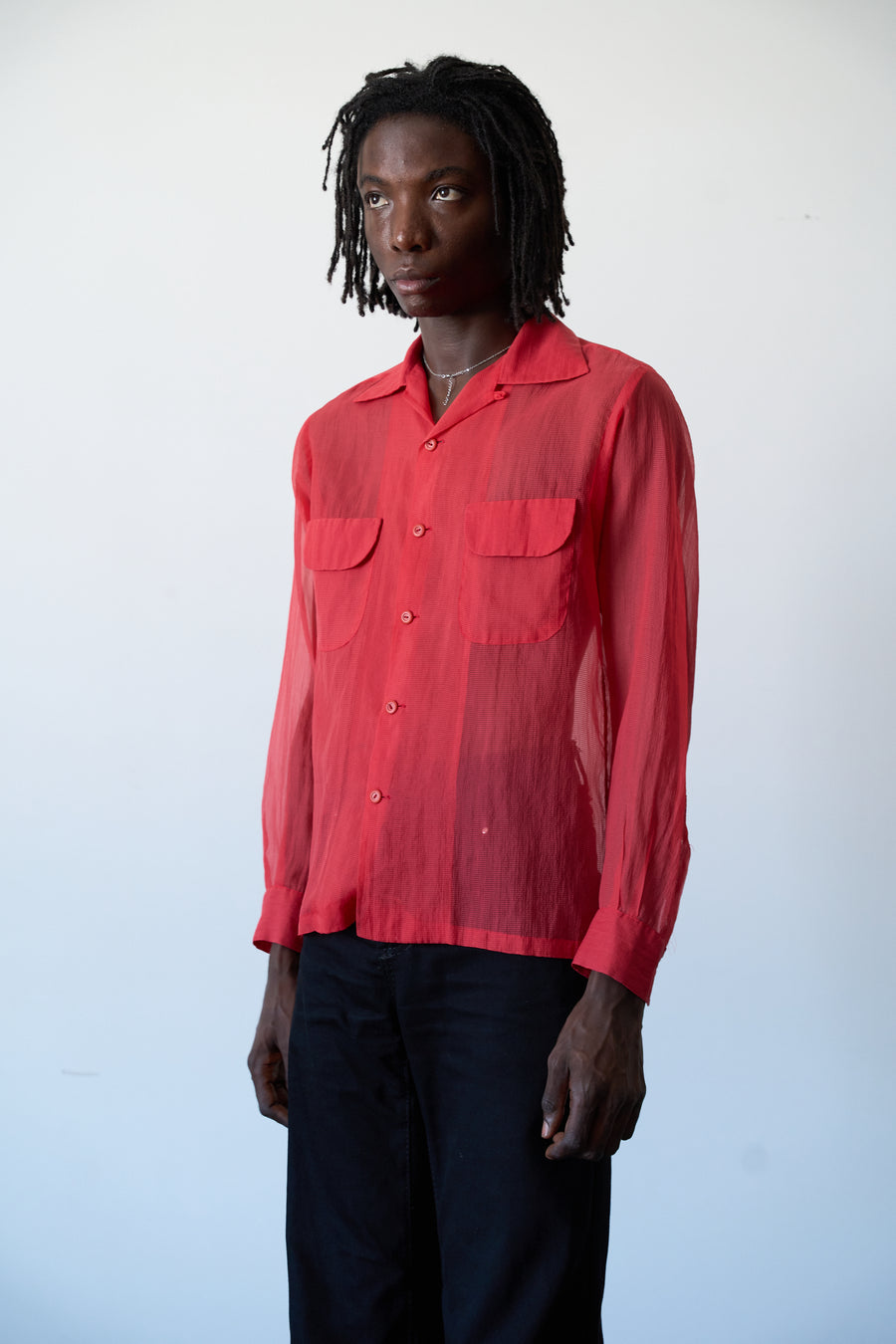 1950s Penney's Red Nylon Loop Collar Shirt