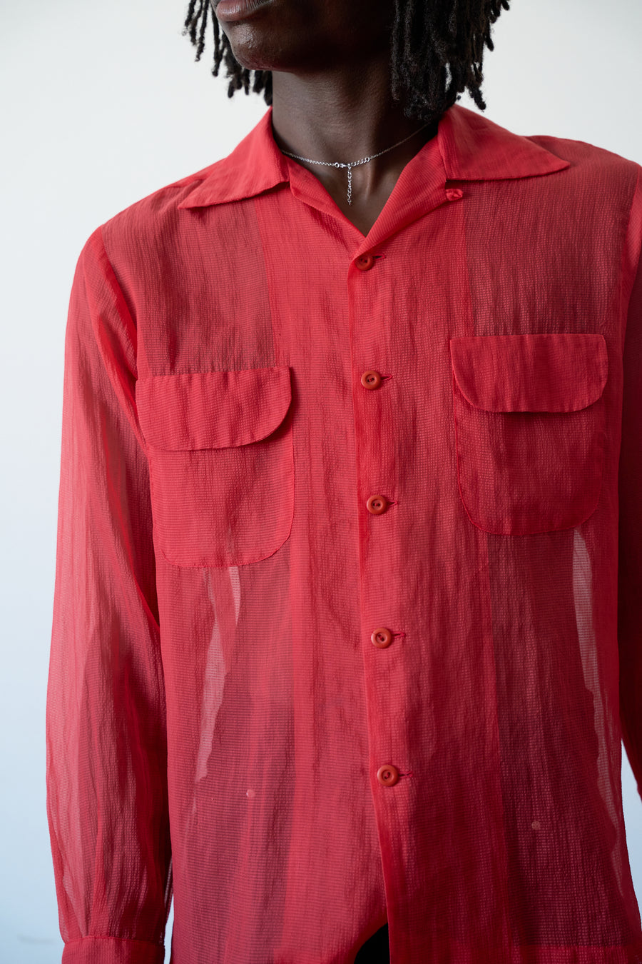 1950s Penney's Red Nylon Loop Collar Shirt