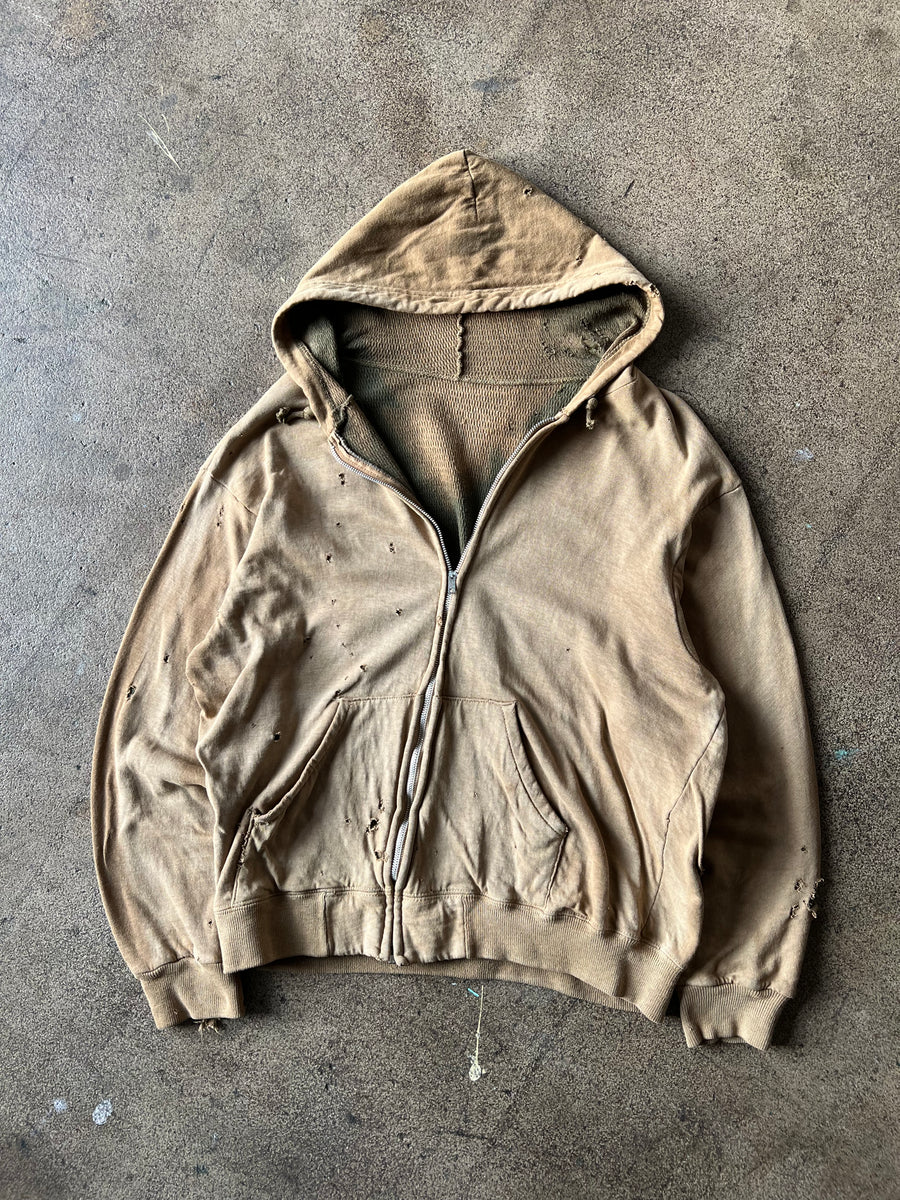 1960s Distressed + Faded Brown Green Thermal Zip Hoodie