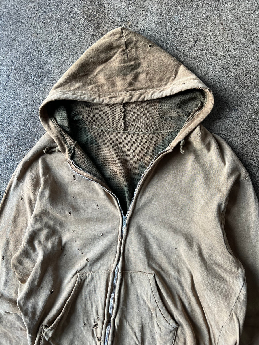 1960s Distressed + Faded Brown Green Thermal Zip Hoodie