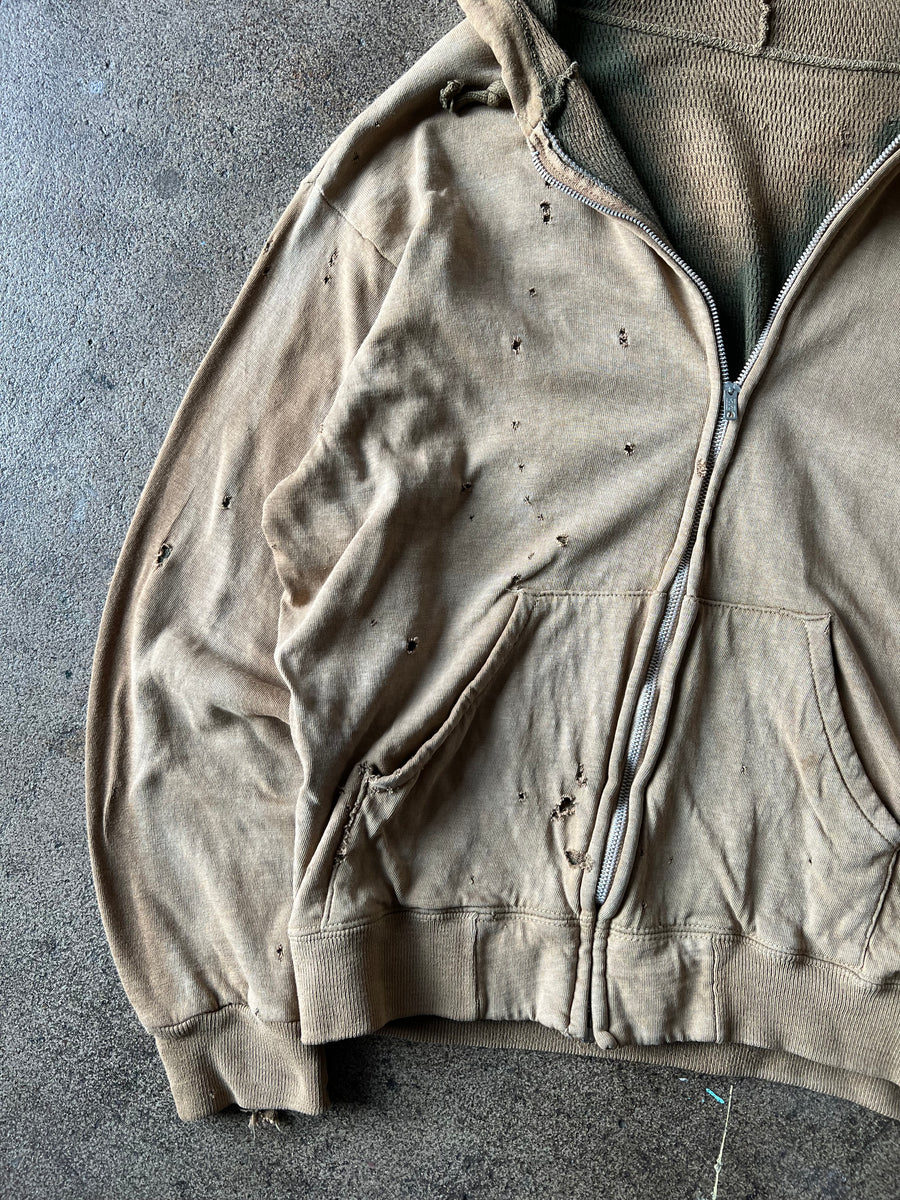 1960s Distressed + Faded Brown Green Thermal Zip Hoodie