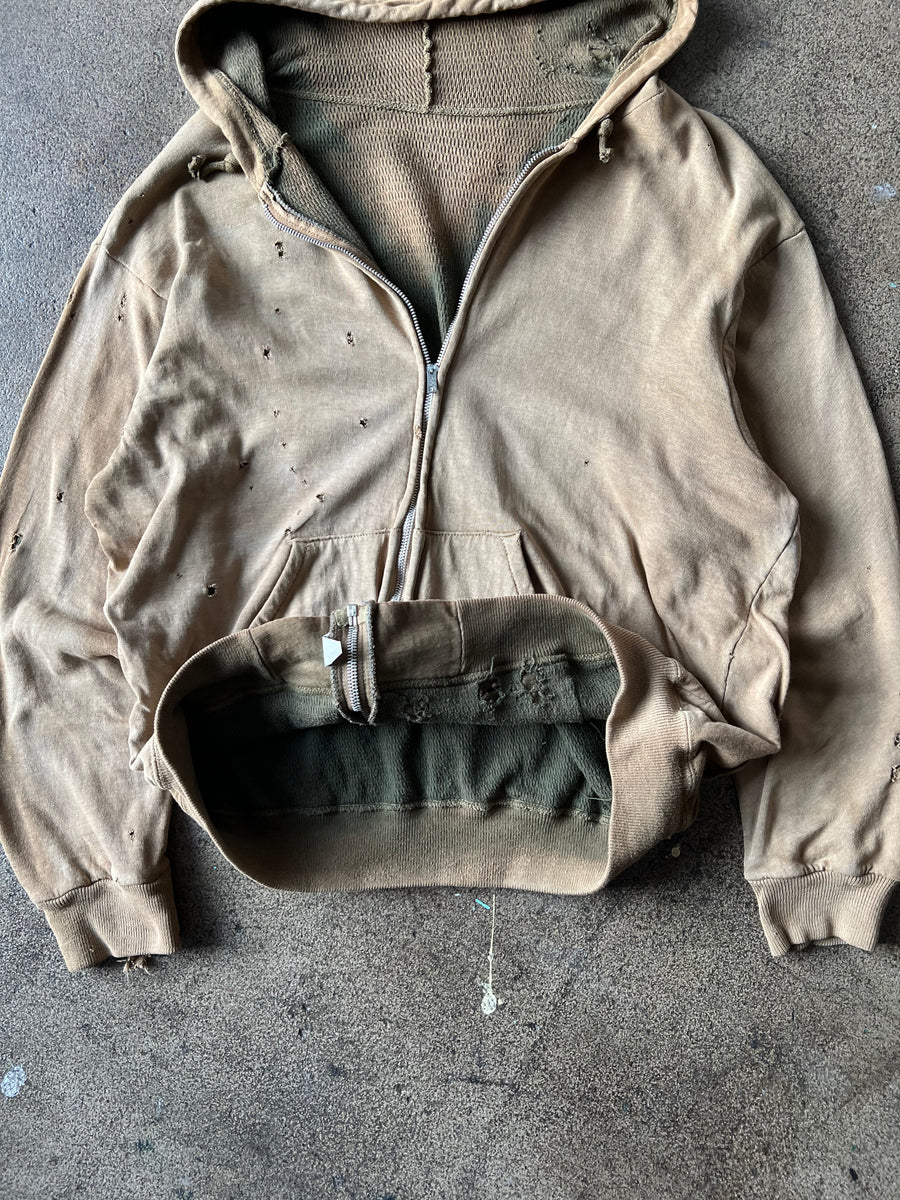 1960s Distressed + Faded Brown Green Thermal Zip Hoodie