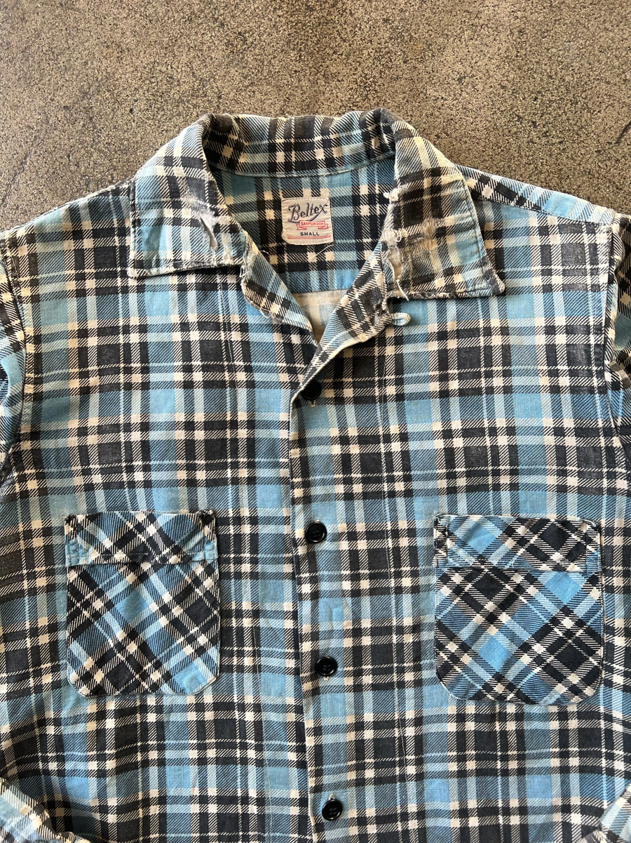 1950s Beltex Sanforized Blue Plaid Flannel Shirt