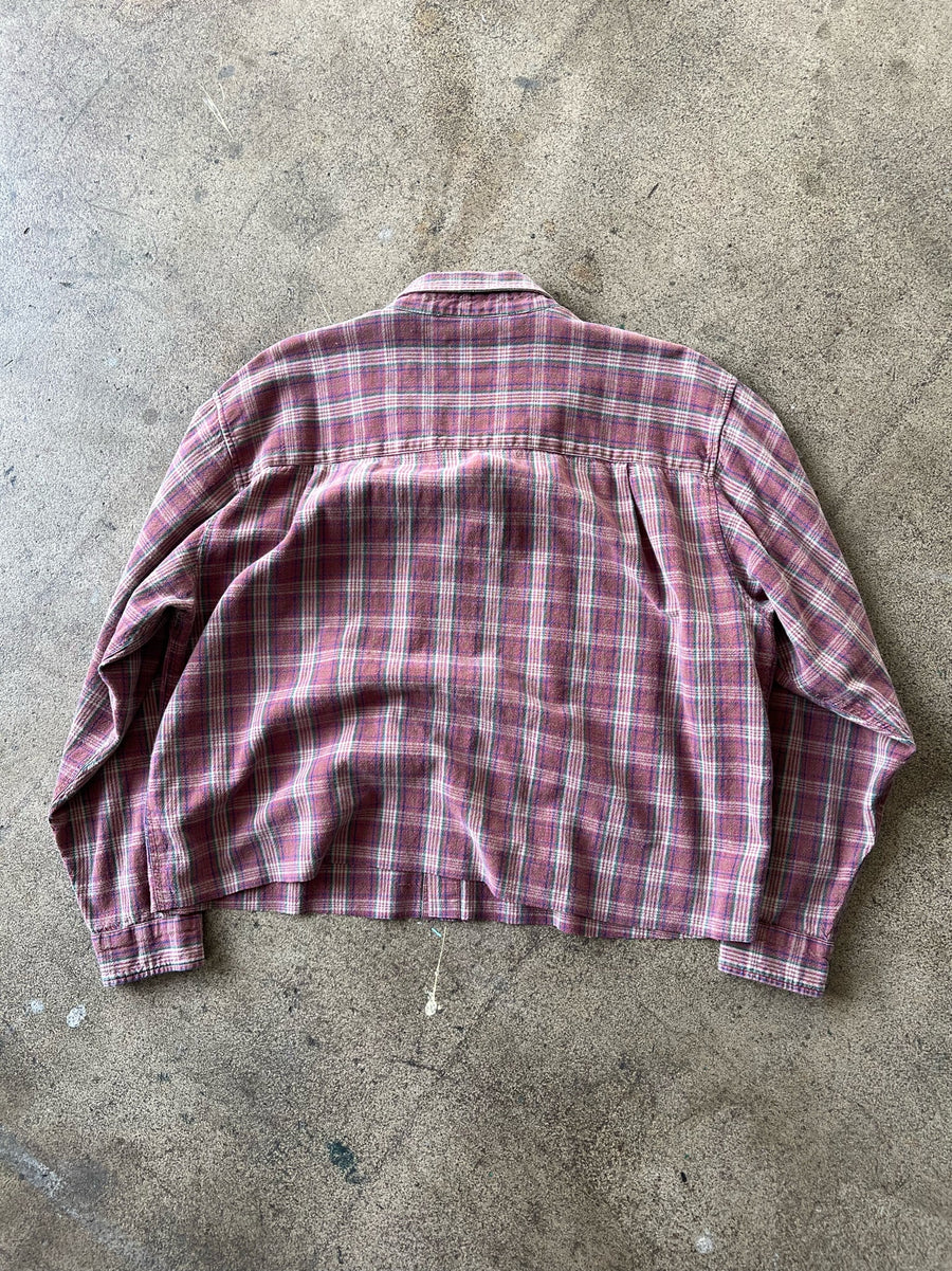 1990s Faded Maroon Plaid Cropped Flannel