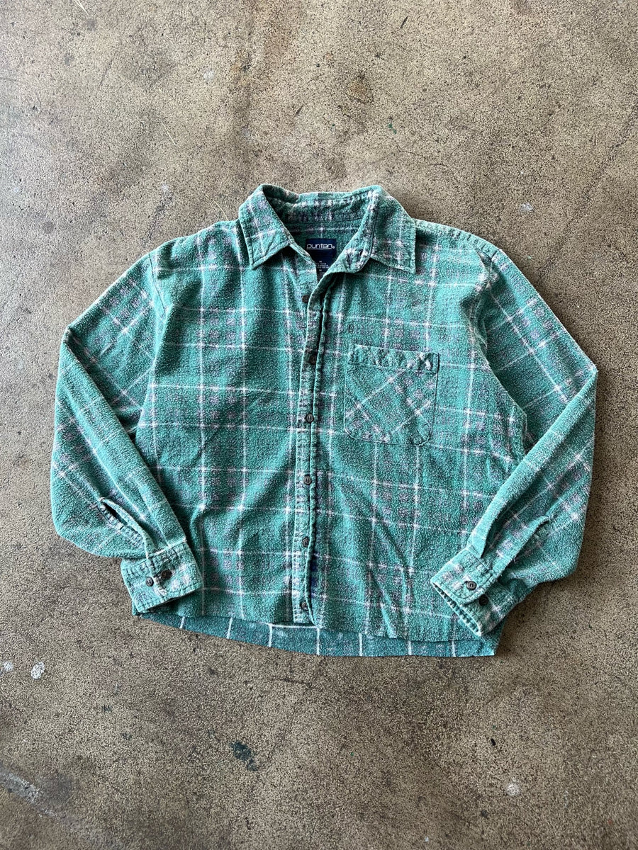 1990s Cropped Faded Green Plaid Flannel