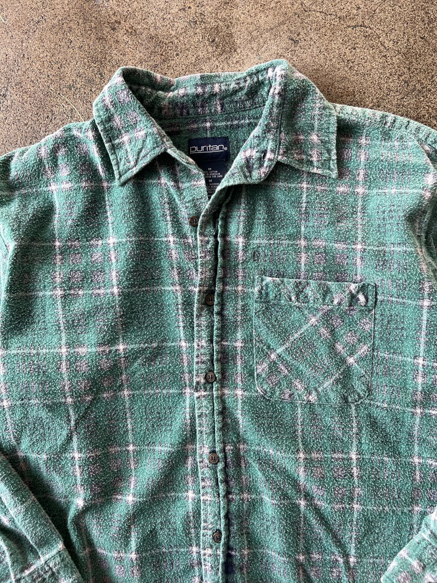 1990s Cropped Faded Green Plaid Flannel