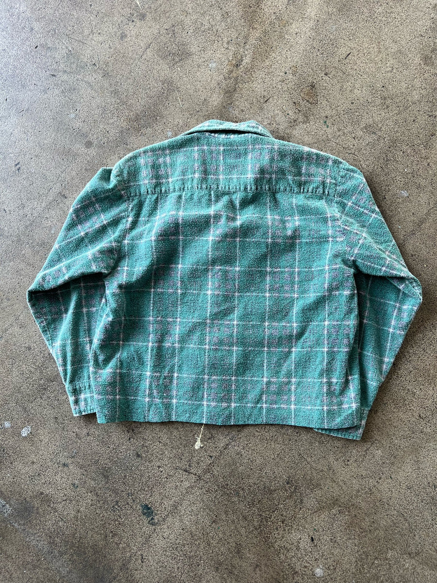 1990s Cropped Faded Green Plaid Flannel