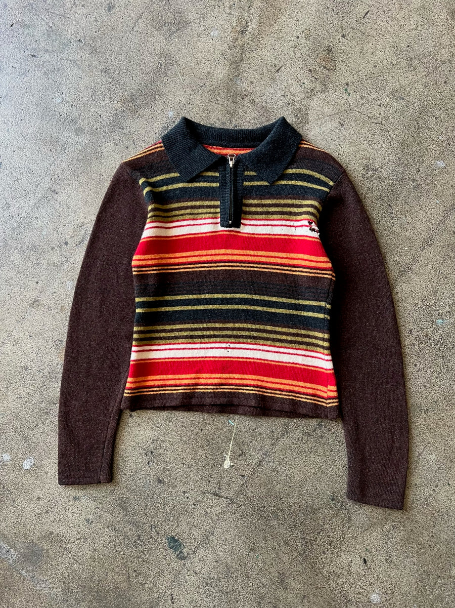 1970s Distressed Striped Quarter Zip Sweater