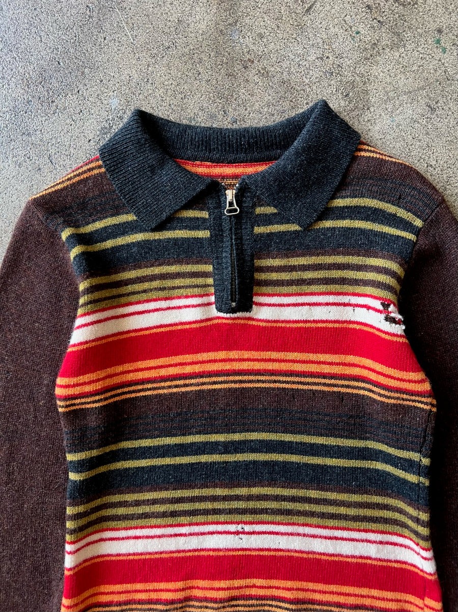 1970s Distressed Striped Quarter Zip Sweater