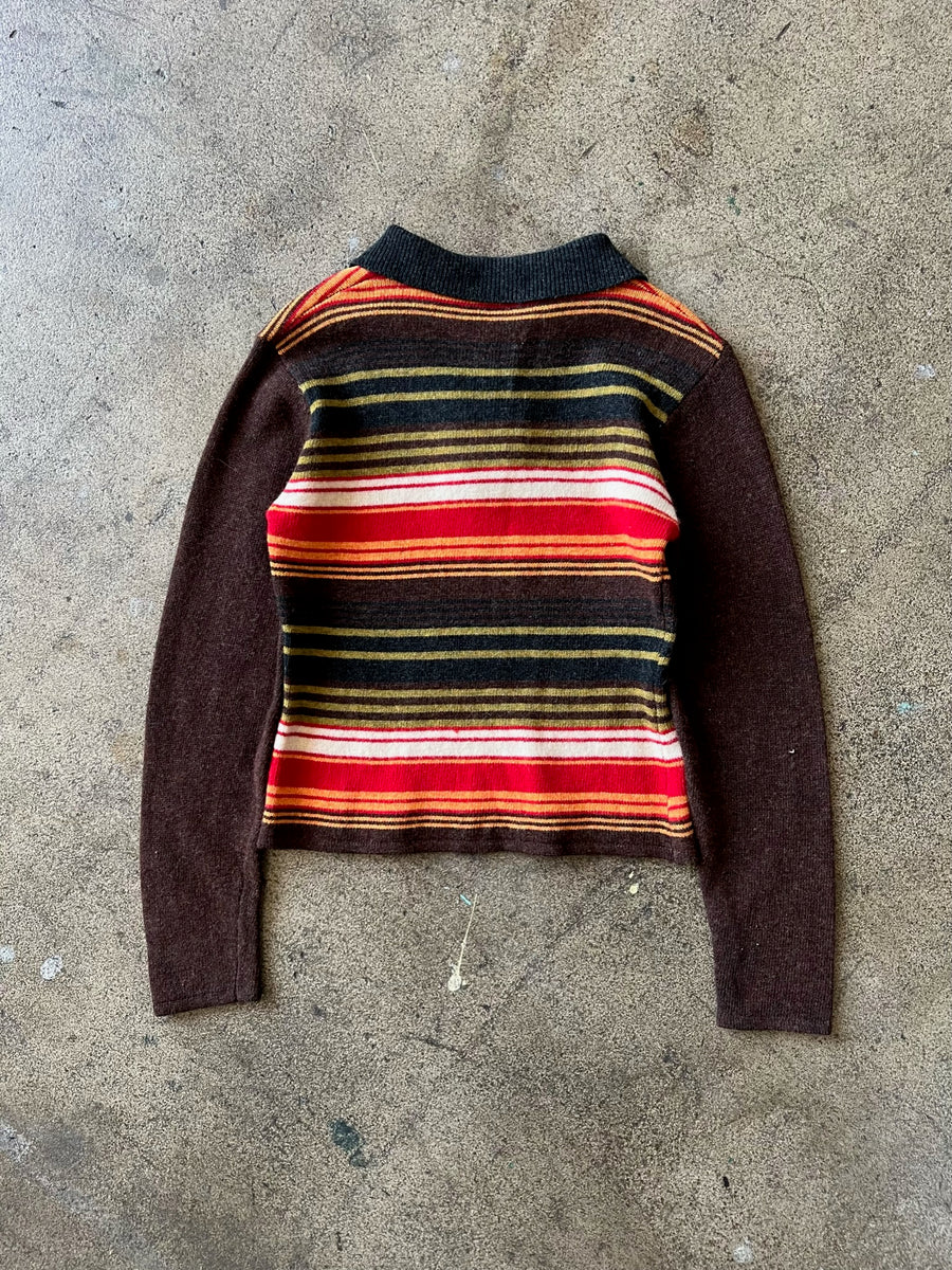 1970s Distressed Striped Quarter Zip Sweater