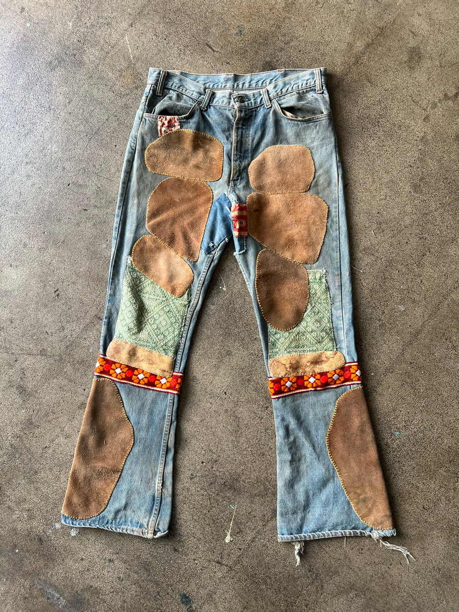 1970s Levi's 517 Flair Suede Patchwork Hippie Jeans 35