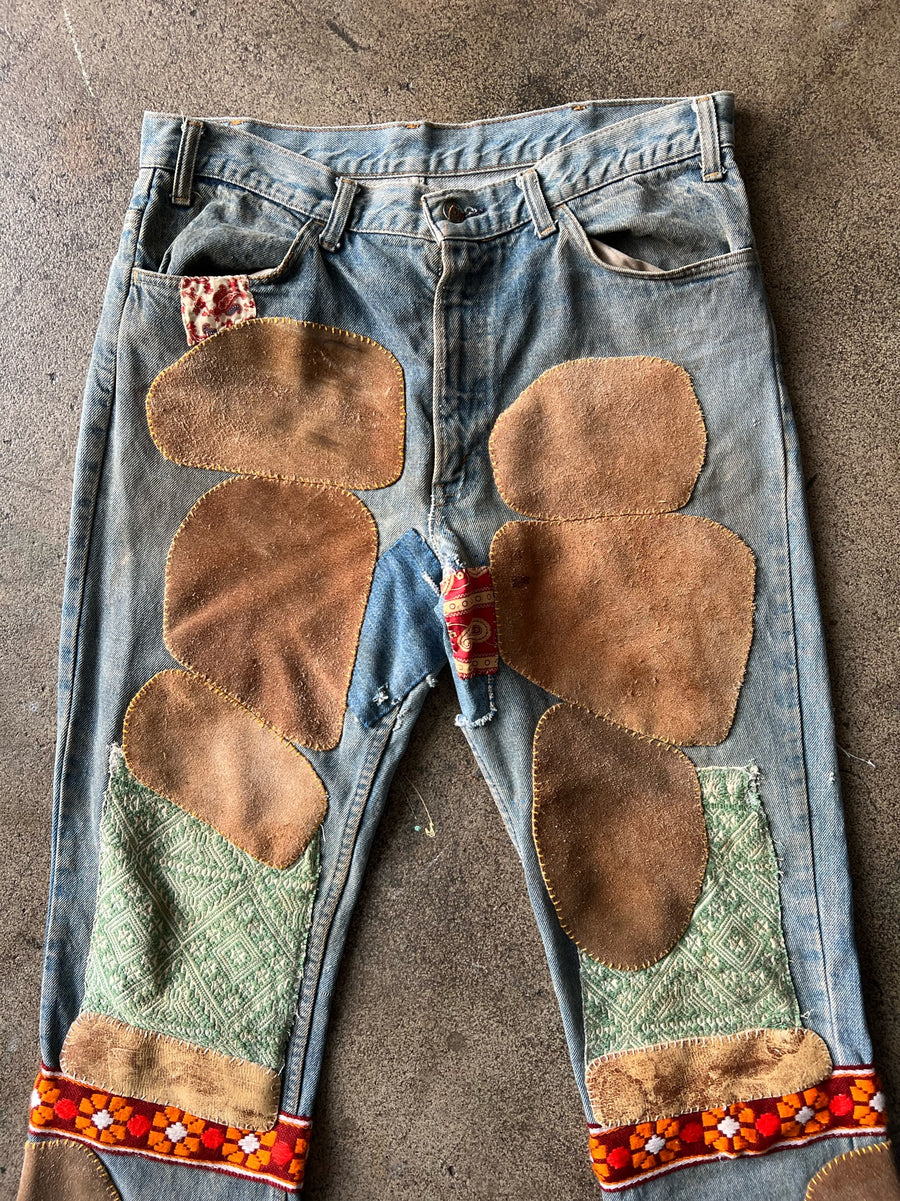 1970s Levi's 517 Flair Suede Patchwork Hippie Jeans 35