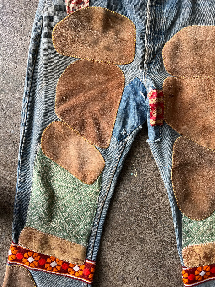 1970s Levi's 517 Flair Suede Patchwork Hippie Jeans 35