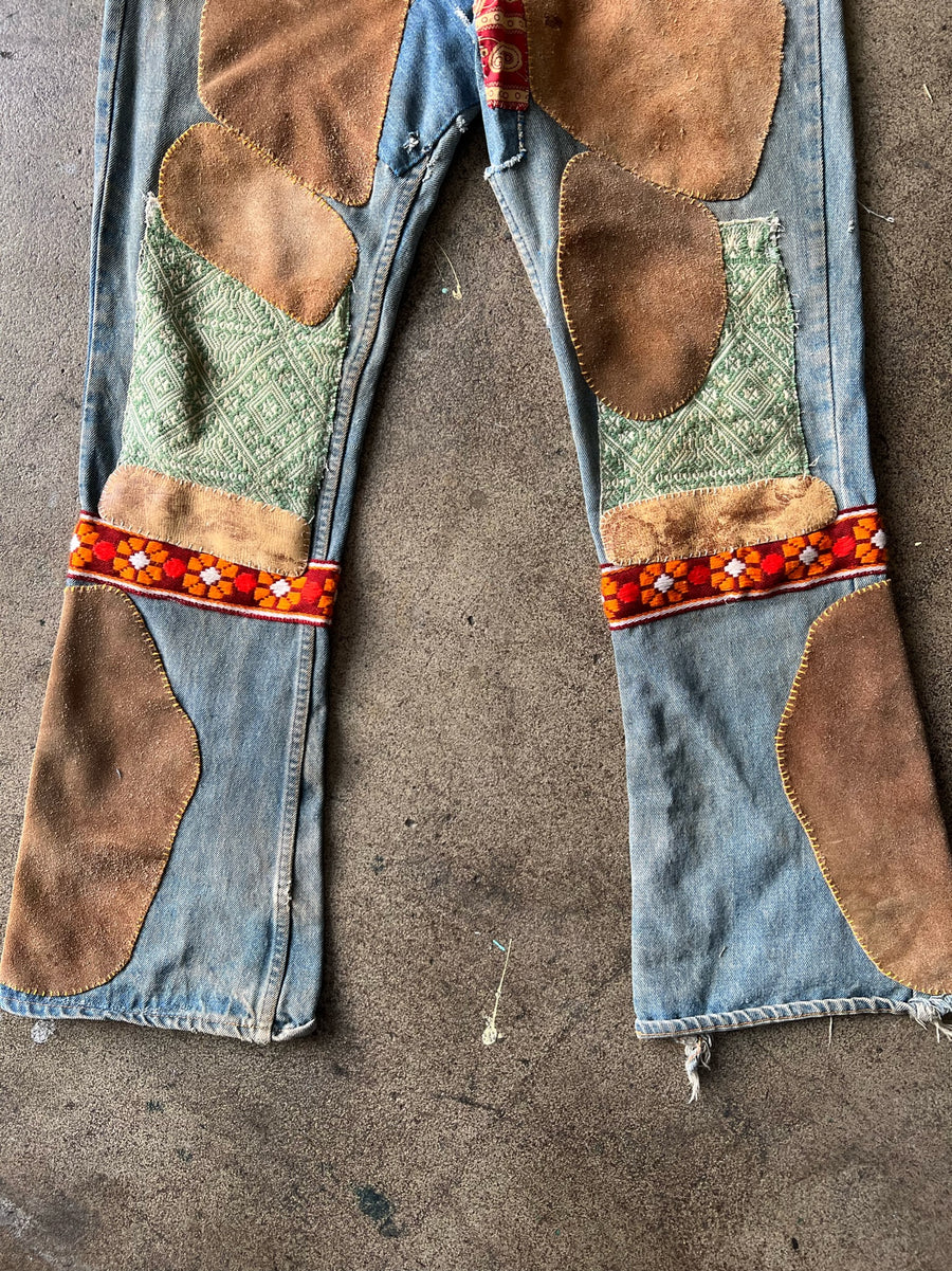 1970s Levi's 517 Flair Suede Patchwork Hippie Jeans 35