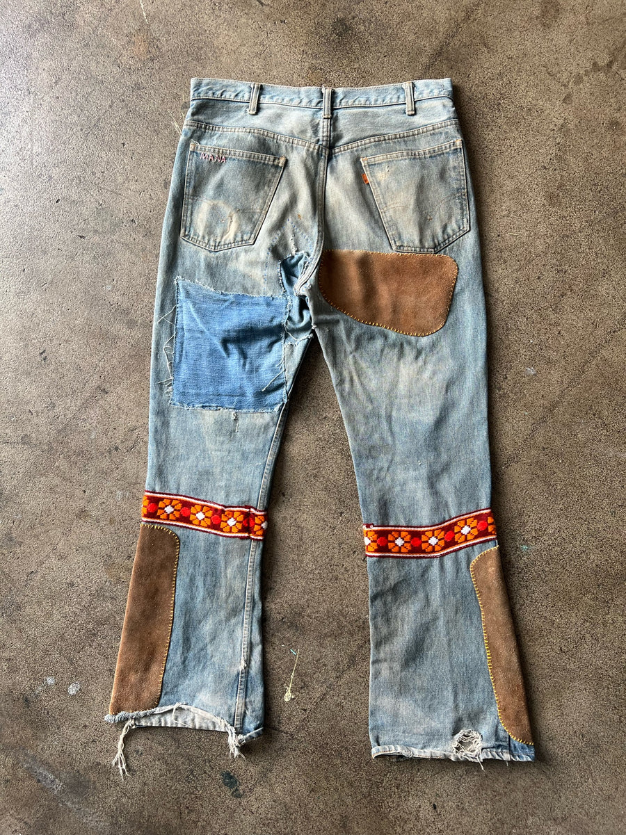 1970s Levi's 517 Flair Suede Patchwork Hippie Jeans 35