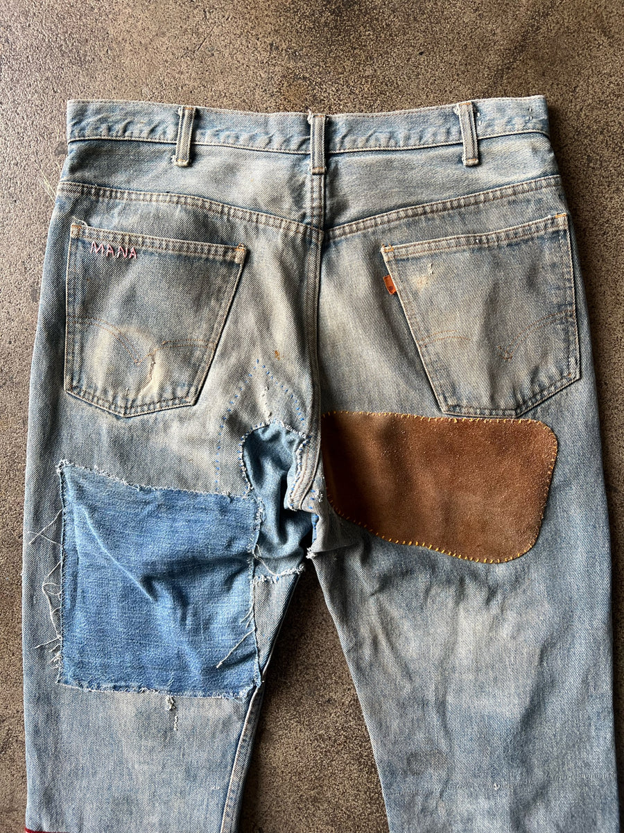 1970s Levi's 517 Flair Suede Patchwork Hippie Jeans 35