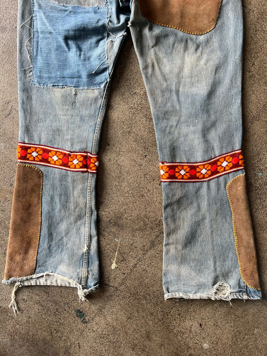 1970s Levi's 517 Flair Suede Patchwork Hippie Jeans 35