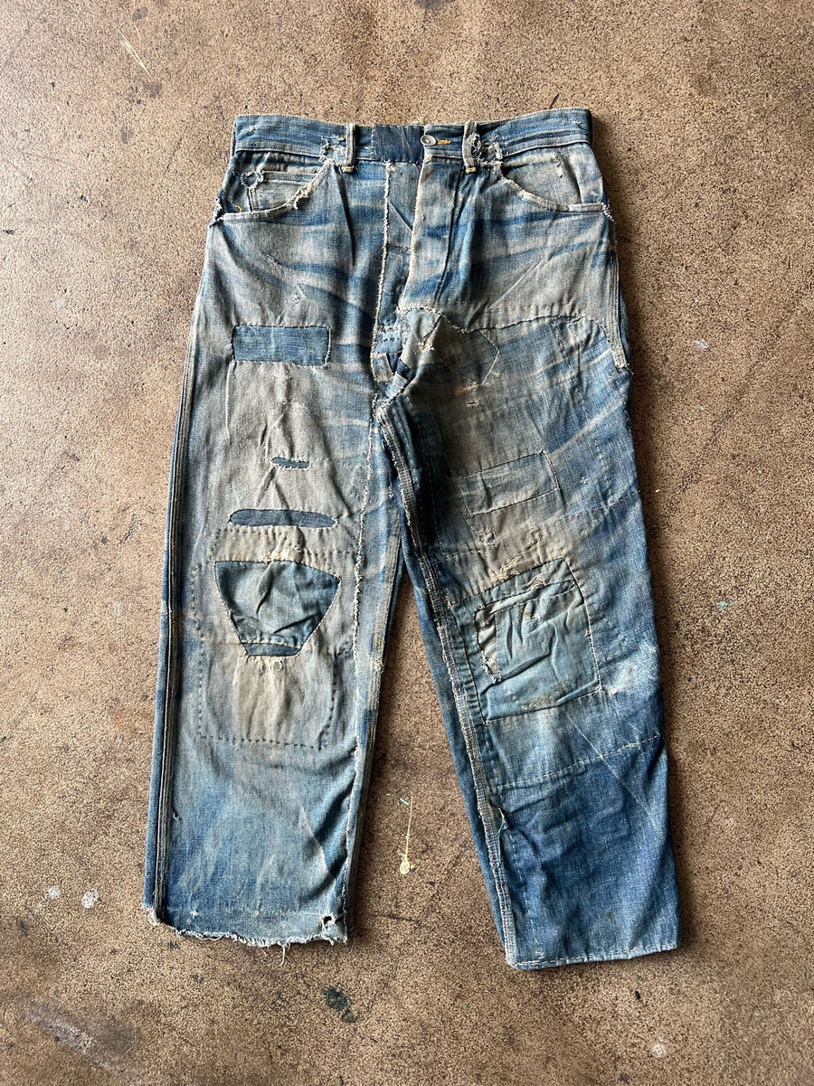 1920s Buckle Back Farm Repaired Jeans 30