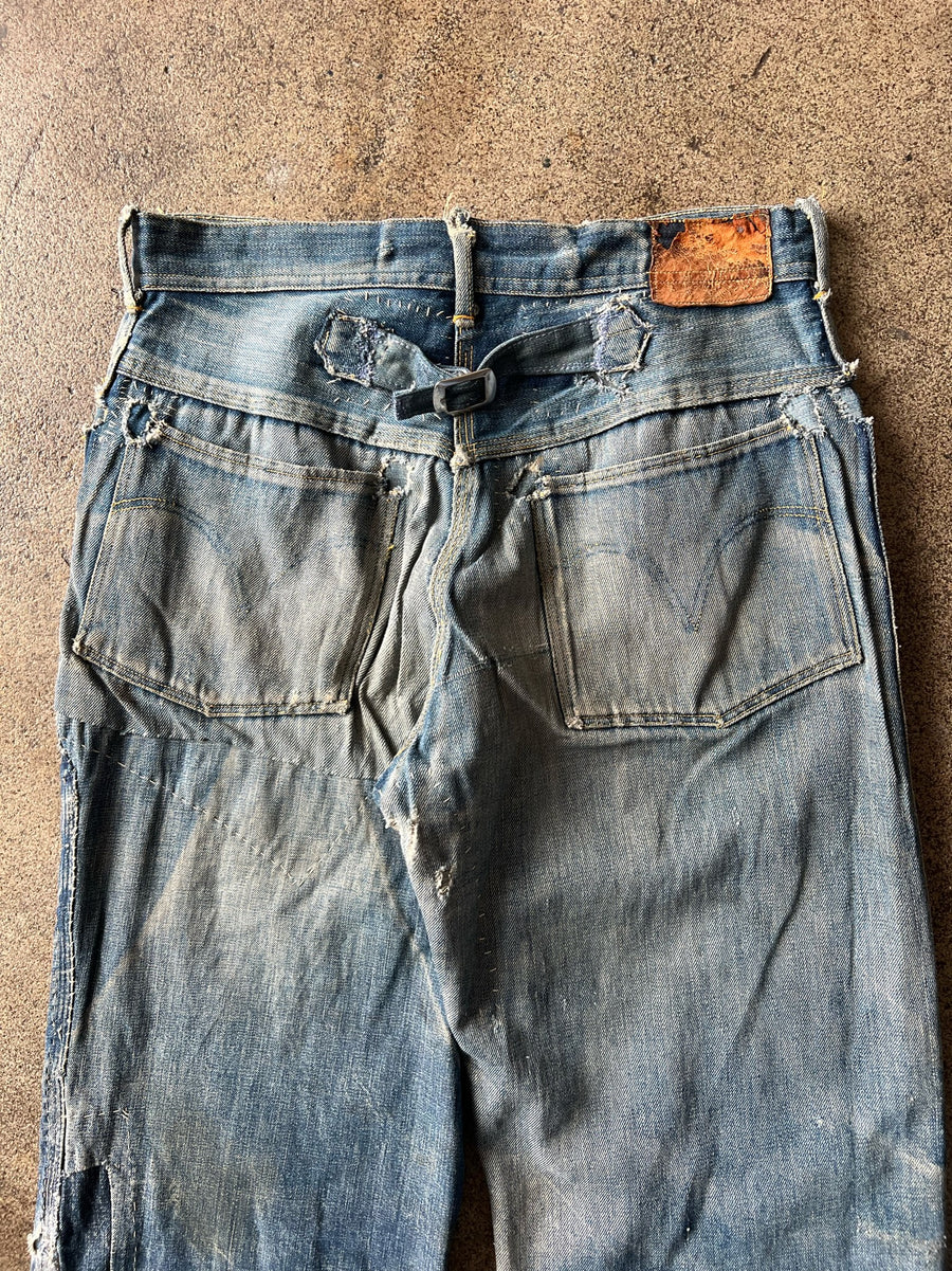 1920s Buckle Back Farm Repaired Jeans 30