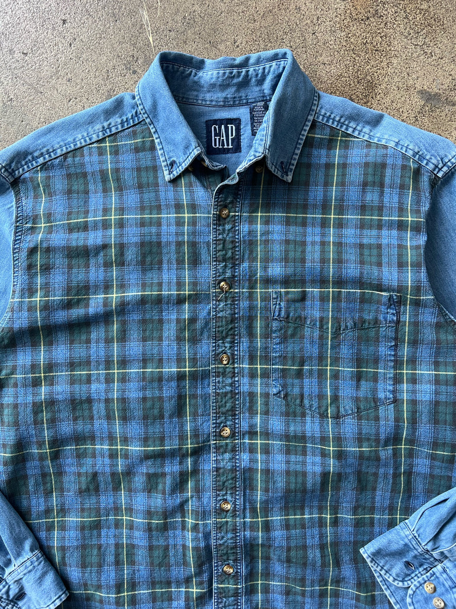 1990s Gap Plaid and Denim Colorblock Shirt