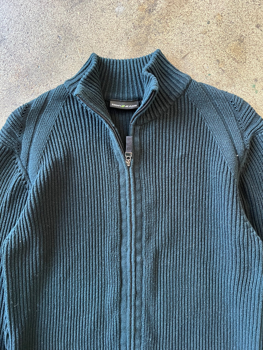 2000s DKNY Black Ribbed Zip Sweater