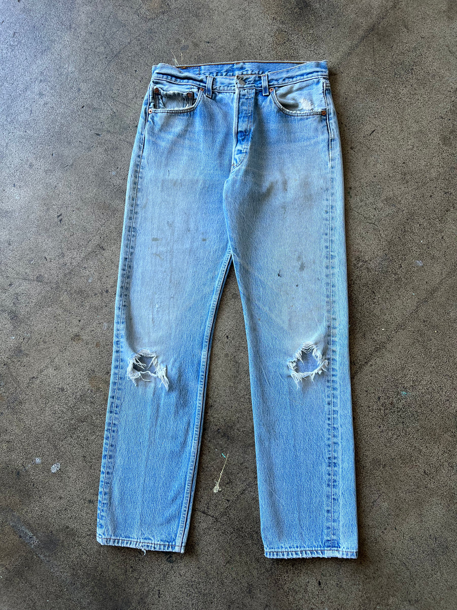 1990s Levi's 501 Light Wash Paint Thrashed 32