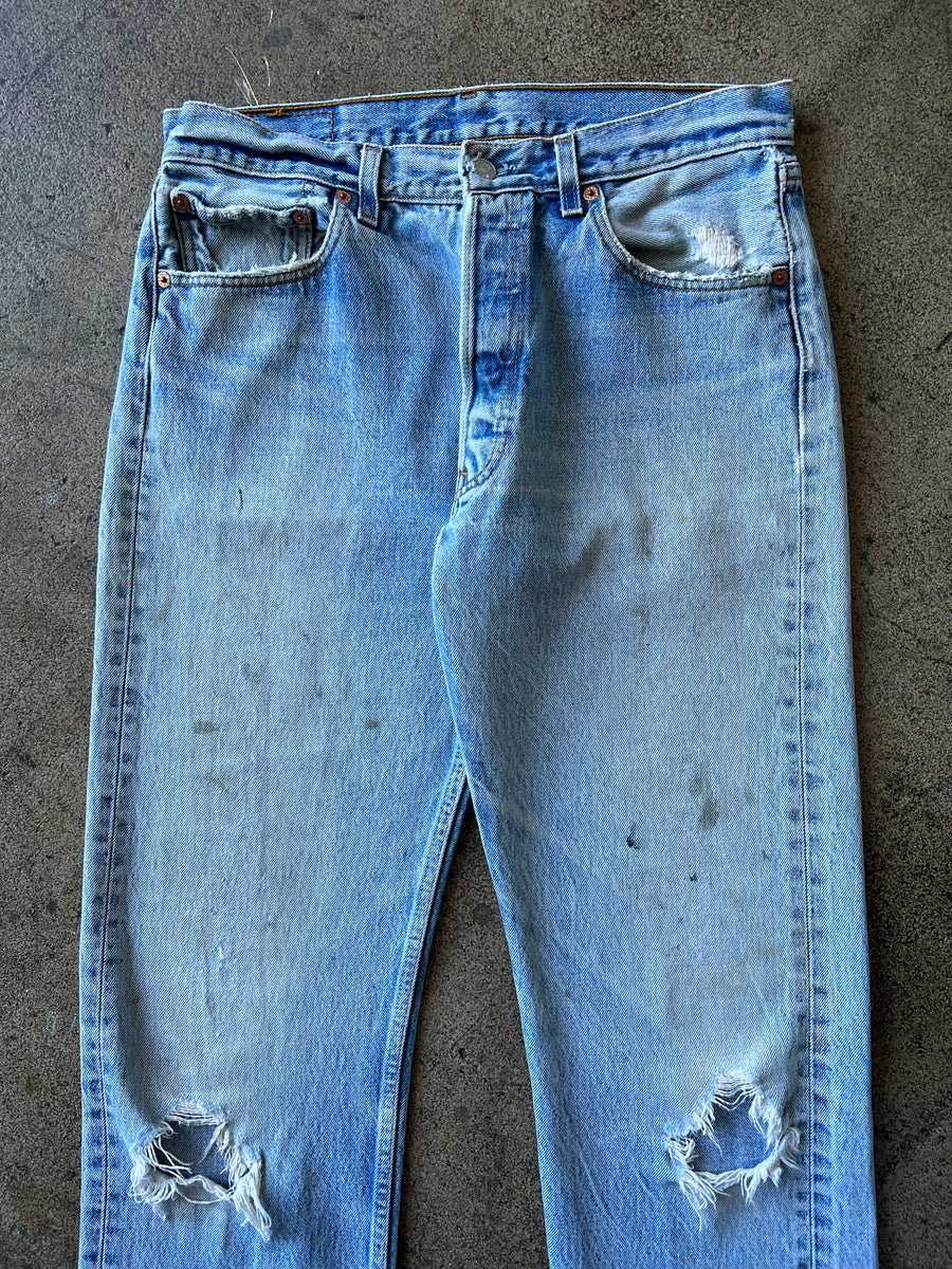 1990s Levi's 501 Light Wash Paint Thrashed 32