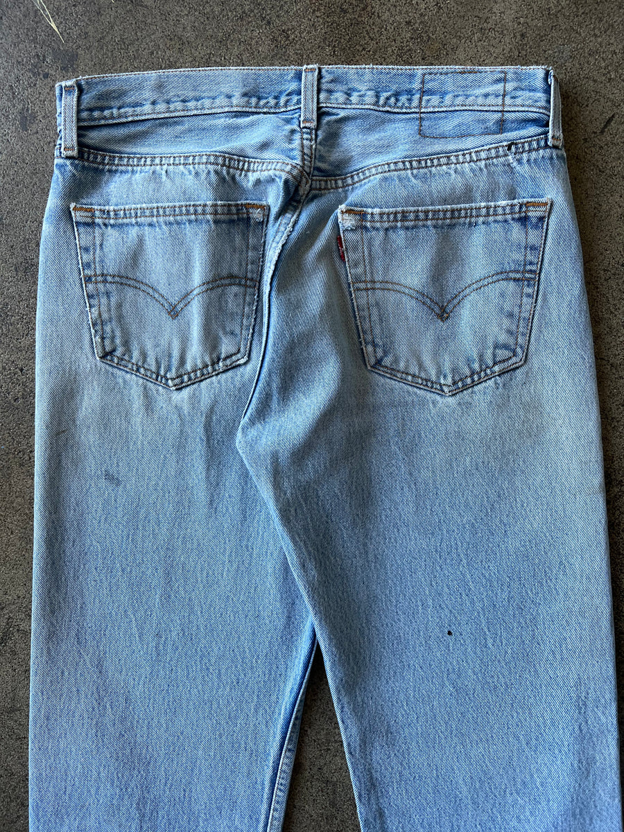 1990s Levi's 501 Light Wash Paint Thrashed 32