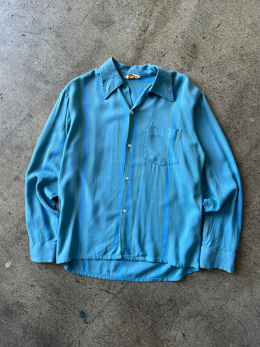 1960s Brent Blue Green Stripe Rayon Loop Collar Shirt