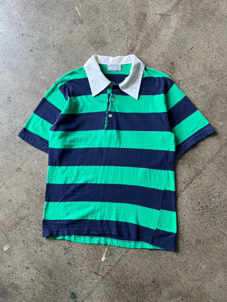 1980s Green Striped Oversized Collar Polo Shirt