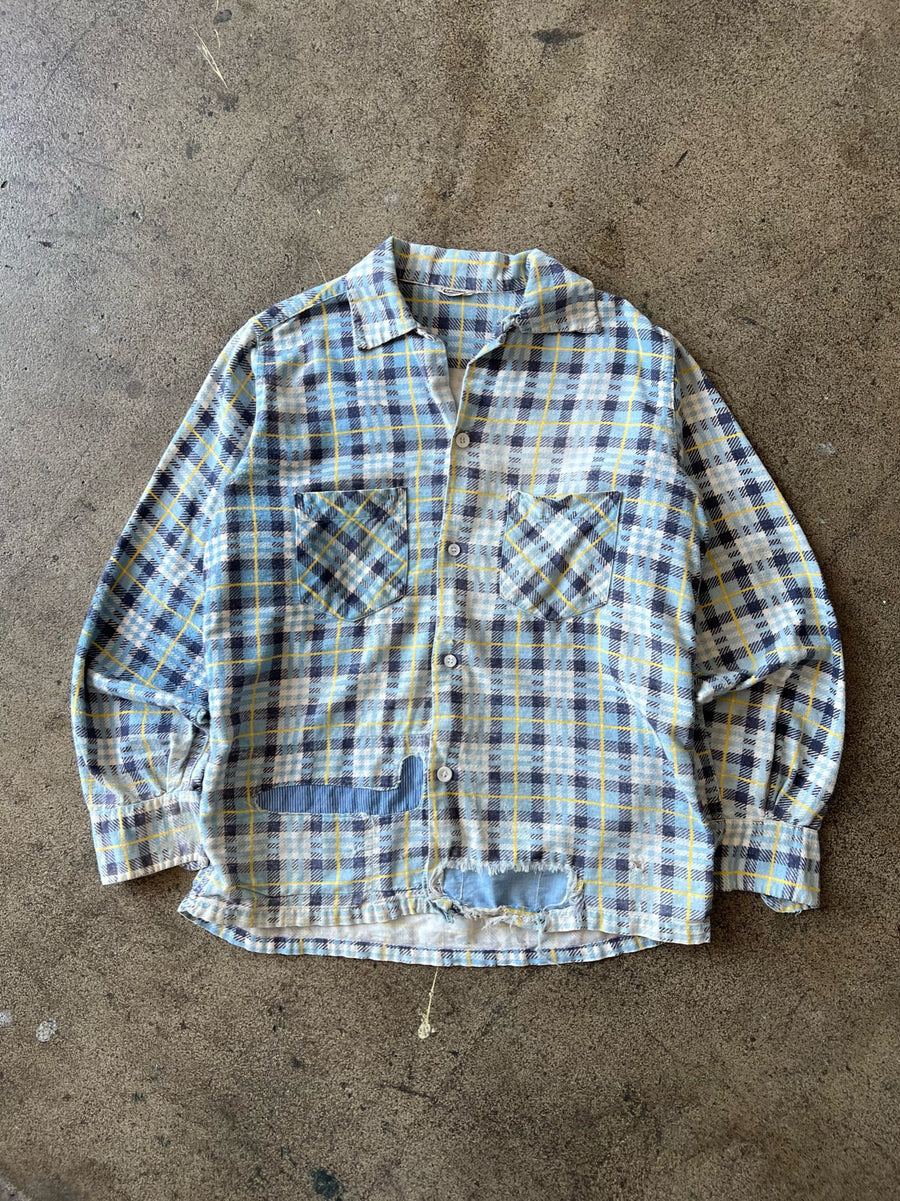 1950s Sportswear Faded Blue Plaid Shirt