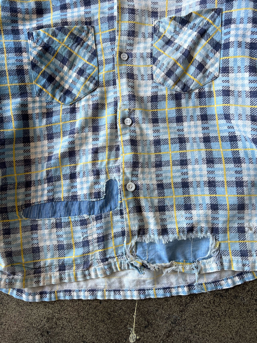 1950s Sportswear Faded Blue Plaid Shirt