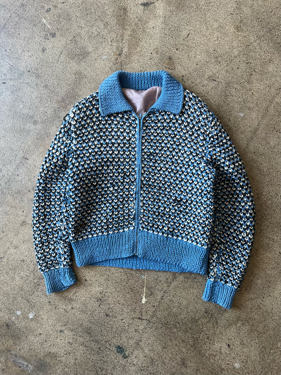 1970s Handmade Knit Blue Zip Sweater