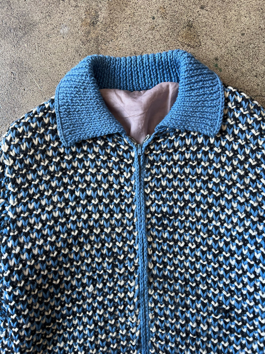 1970s Handmade Knit Blue Zip Sweater