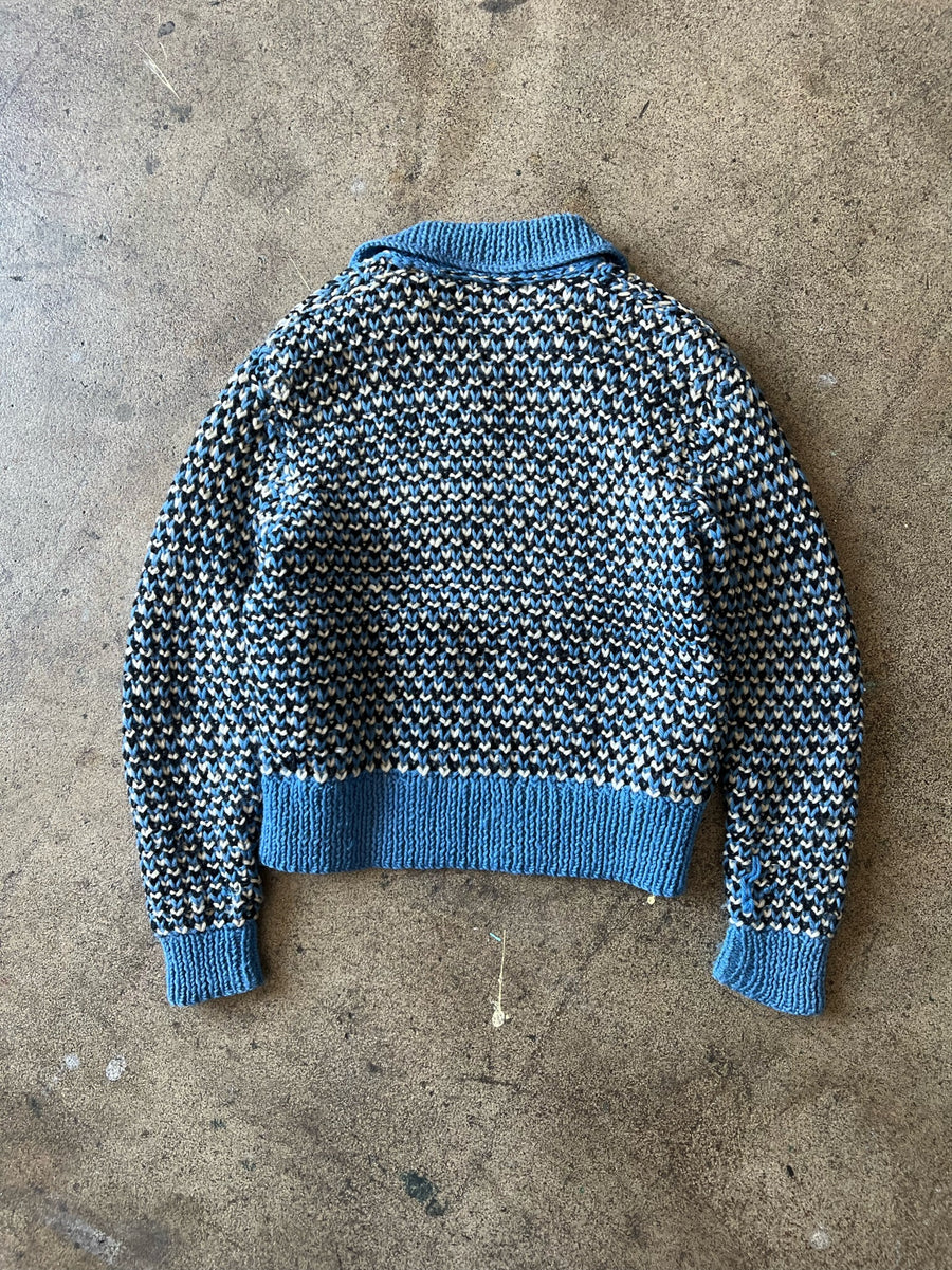 1970s Handmade Knit Blue Zip Sweater