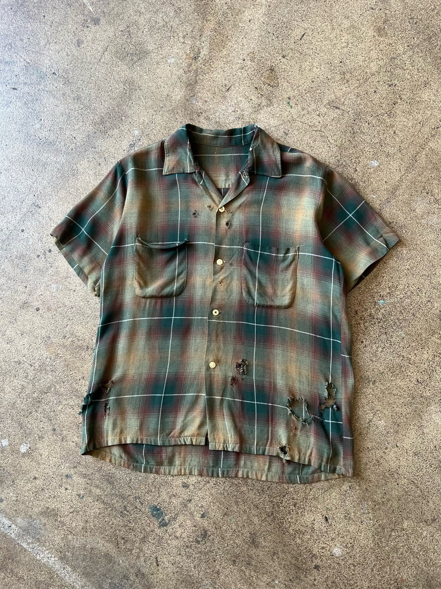 1950s Green Shadow Plaid Distressed Shirt