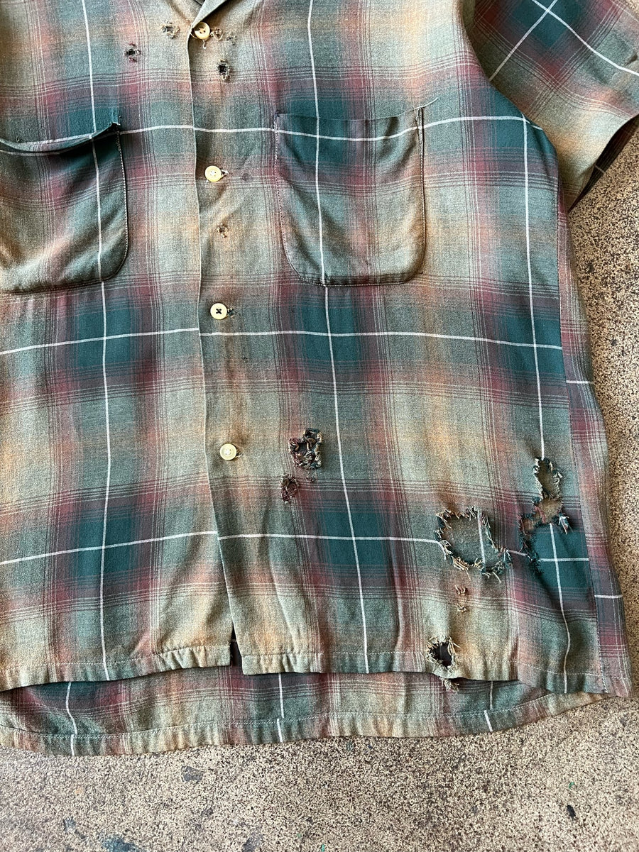 1950s Green Shadow Plaid Distressed Shirt