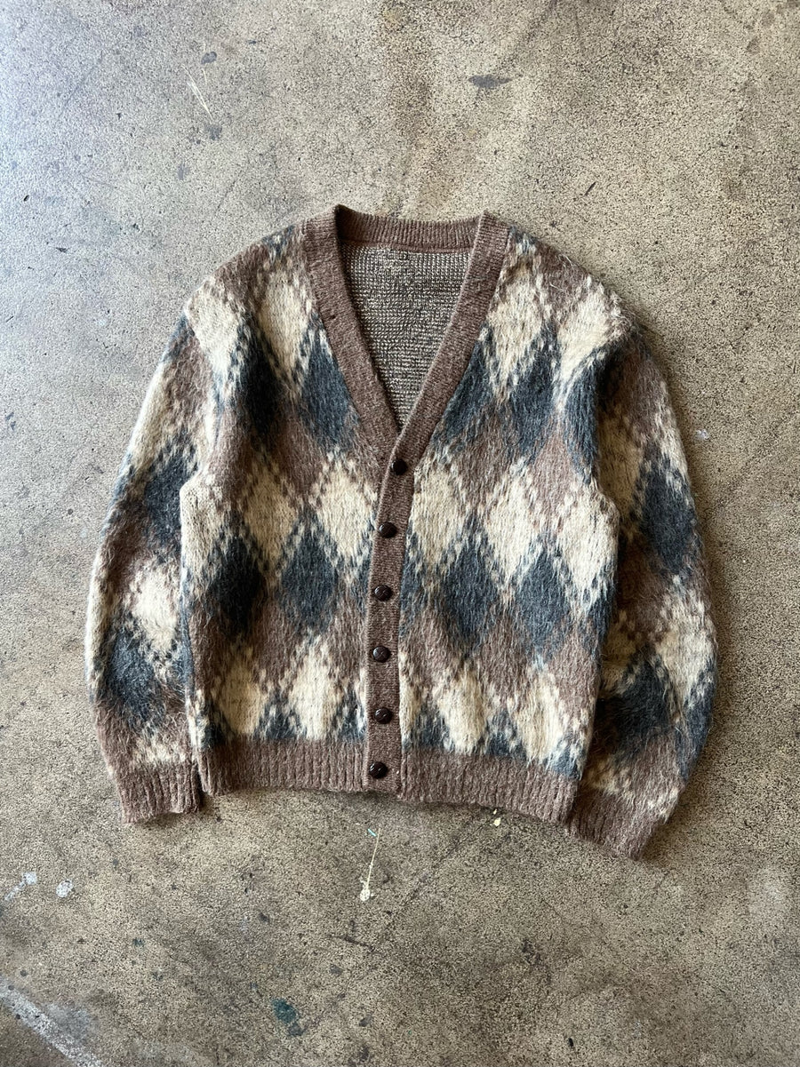 1960s Brown Argyle Mohair Cardigan Sweater